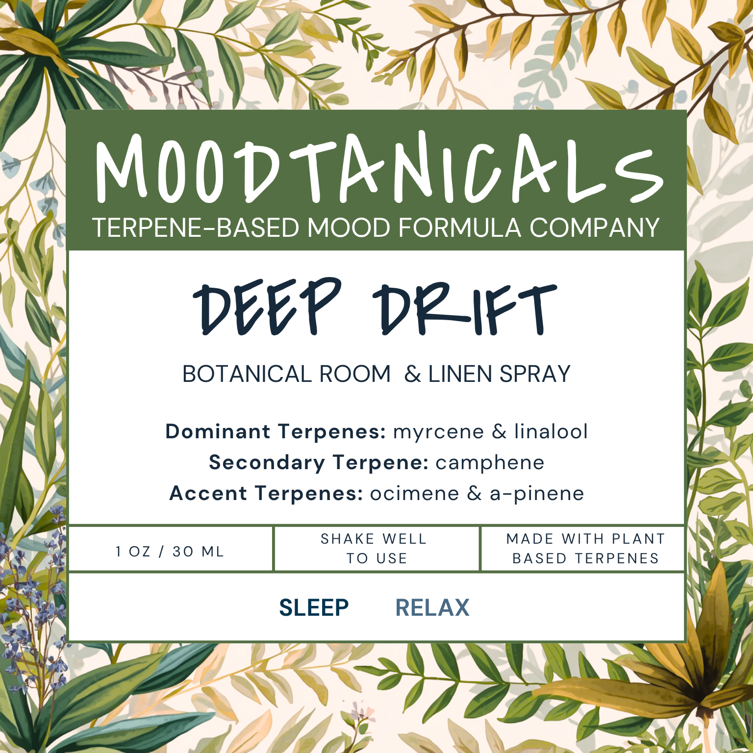 Moodtanicals Deep Drift Botanical Room & Linen Spray Label