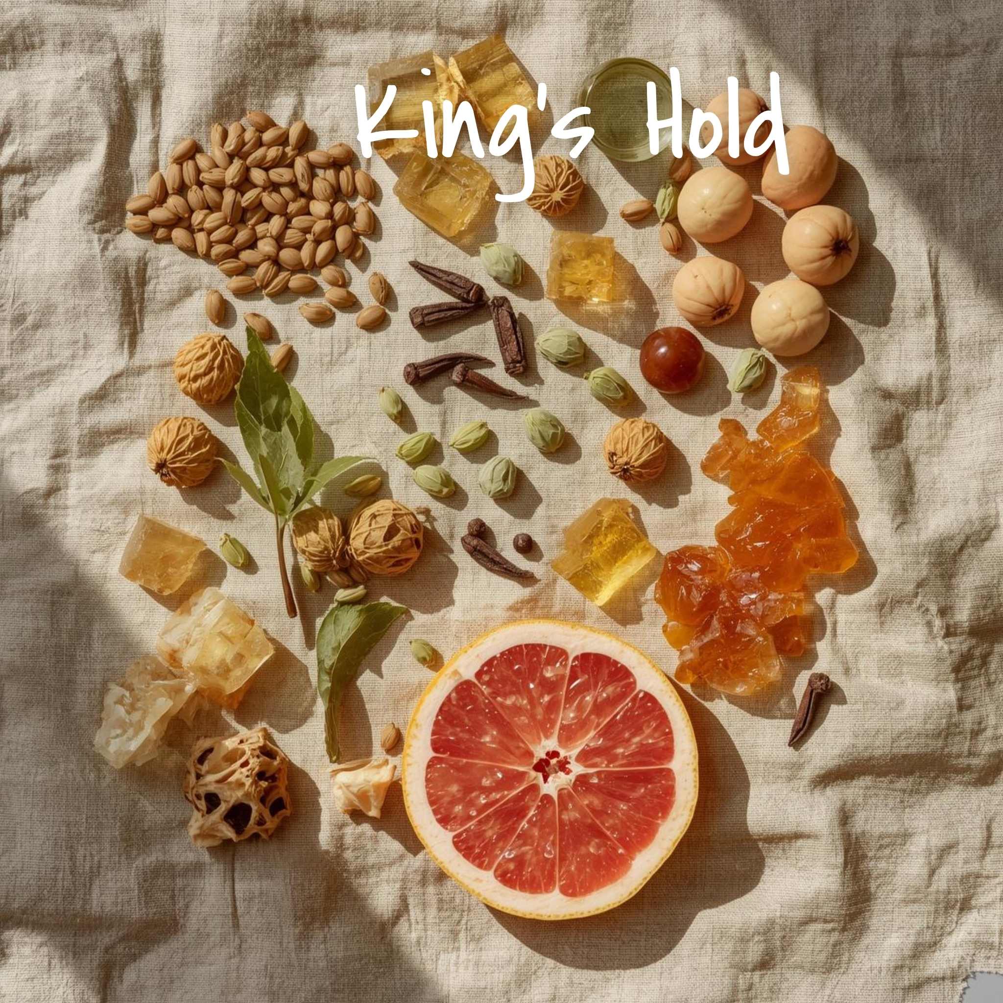 Spices and a sliced grapefruit arranged on a textured surface with 'King's Hold' branding.