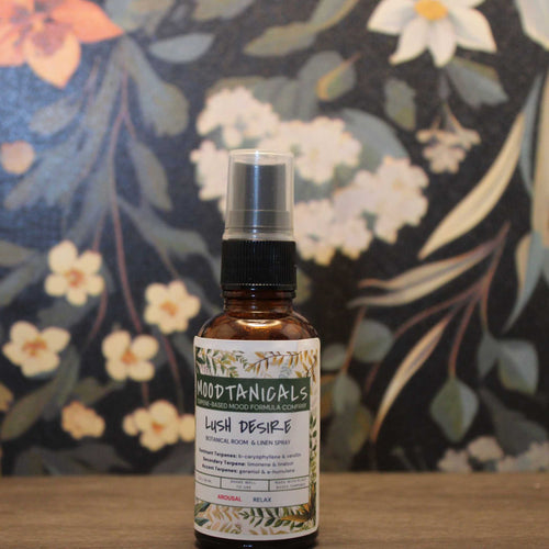 Bottle of Moodtanicals Lush Desire supplement with a floral patterned background