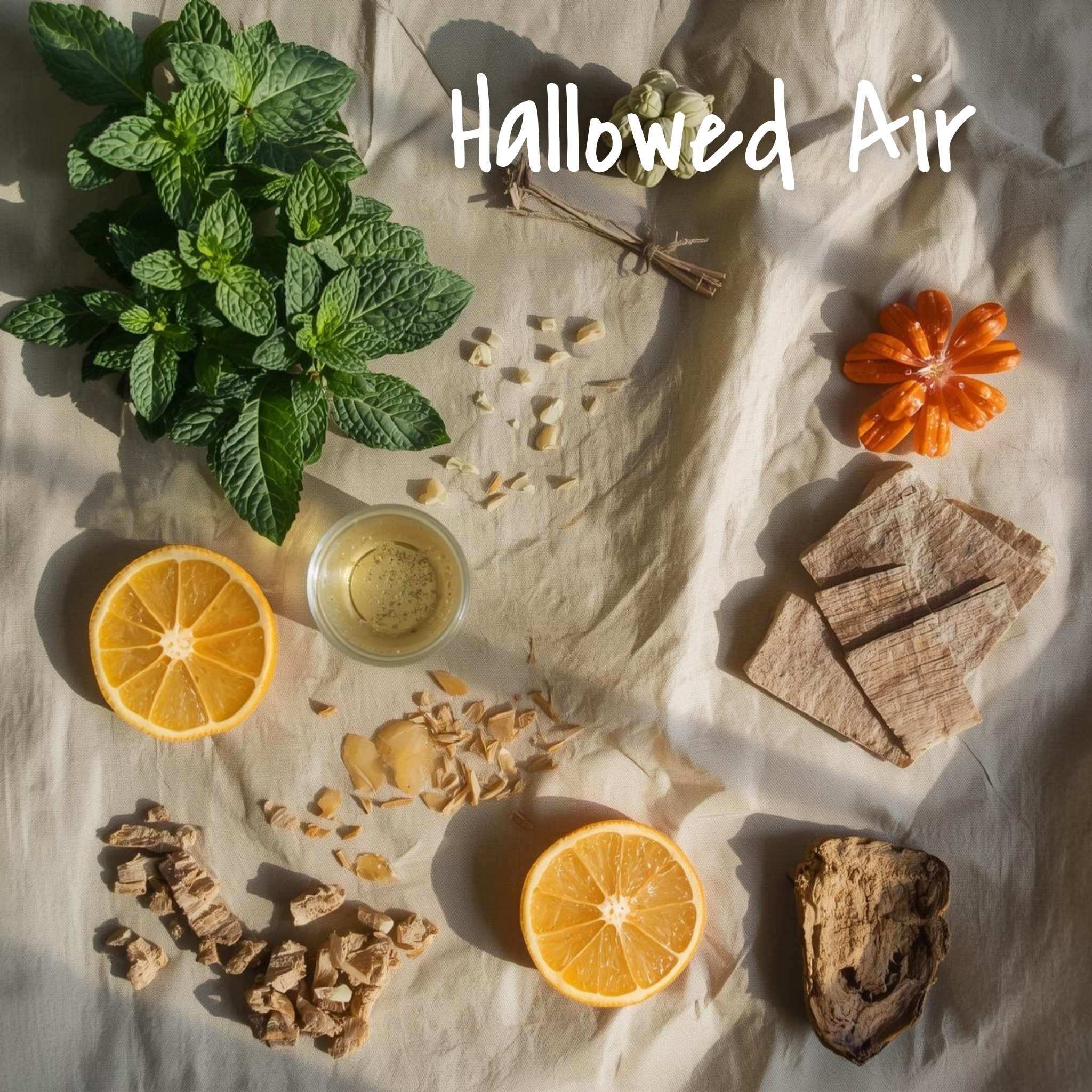 Moodtanicals Hallowed Air Ingredients including palo Santo, mint and lemon essential oils.
