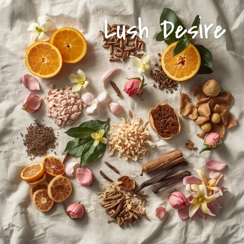 Moodtanicals Lush Desire Ingredients including rose, vetiver, clove, wild orange, copiaba & jasmine essential oils. 