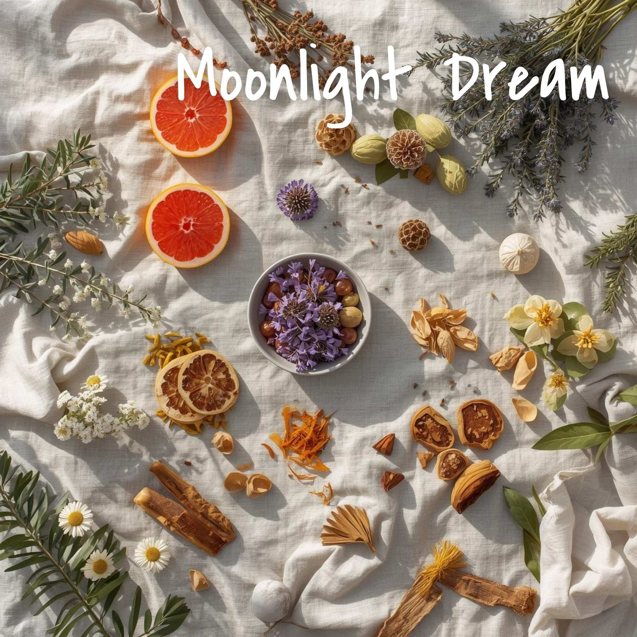 Moodtanicals Moonlight Dream Ingredients including blue tansy, German chamomile blue, lavender and siberian for essential oils. 